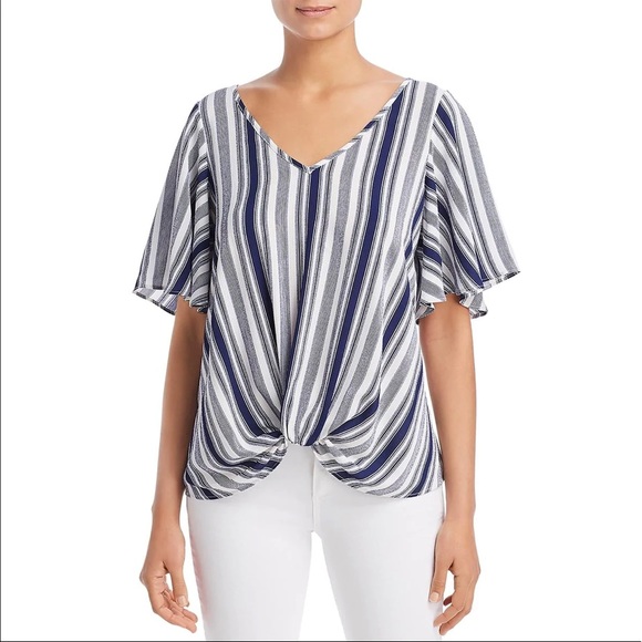 NWT (S) Status Chennault dark blue and white stripe twist front V neck loose top - Picture 2 of 10